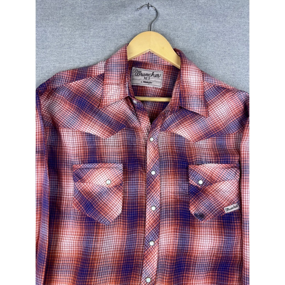 Wrangler Wrancher Mens XLT Red Blue Plaid Western Pearl Snap Shirt Tall Vintage